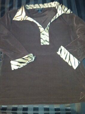 Women's Kiara Brown Blouse Zebra Trim Long Sleeve - Size XL